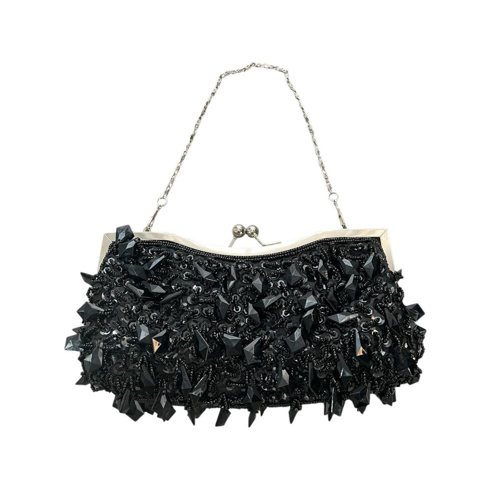 Unbranded Black Beaded Clutch Evening Formal Bag Silver Chain Kiss Latch Closure